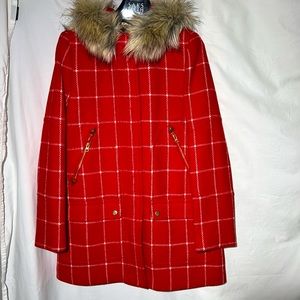 J Crew Italian Stadium Cloth Wool Electric Red windowpane coat hooded fur collar